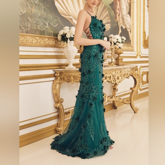 Emerald fitted beaded glitter floral sleeveless long open back dress - Picture 6 of 10